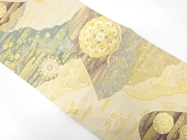 JAPANESE KIMONO / FUKURO OBI / SILK / WOVEN MOUNTAINS & FLORAL CREST